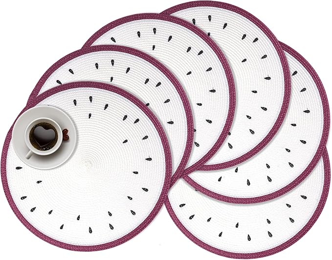 Zupro Round Placemats Set of 6,15inch Fruit Embroidered Table Mats Heat Resistant Non-Slip Washable,for Kitchen Dining Tables Four Seasons Dinner Parties Thanksgiving and Everyday Use.Pitaya White