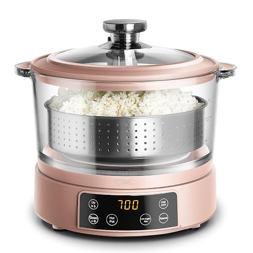 COOK WITH COLOR Glass Mini Low Carb Rice Cooker – Holds 2 Cups Raw/Makes 6 Cups Cooked with Auto Lift Filter Basket, Hotpot & Steamer for Rice, Grains, Digital Panel with Keep Warm, Dusty Rose
