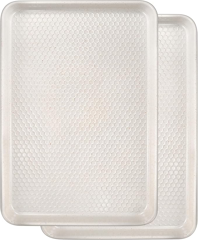 Wildone Baking Sheet Pan Set of 2, Honeycomb Embossed Nonstick Cookie Sheet | Thicker Carbon Steel Jelly Roll Pan Oven Tray 15x10 Inch, Heavy Duty & Easy Clean, White