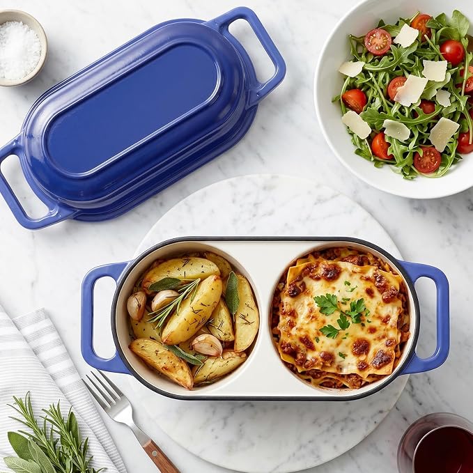 Double Dutch Oven Pot with Lid, 2.2QT Enameled Cast Iron Bread Loaf Pan, Mini Dutch Oven For Sourdough Bread Baking, 500°F Oven Safe Non Stick Dual Round Bread Pan, Bread Oven, 16.5cm Diameter, Blue