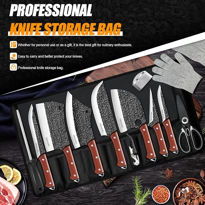 Butcher Knife Set, Hand Forged Kitchen Chef Knife Set with Roll Bag | High Carbon Steel 14PCS Meat Cleaver Knife, Bone Chopper Knives, Fillet Knives for Kitchen, Camping Outdoor BBQ, Gift for Men