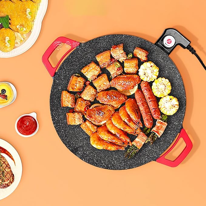 Electric Smokeless Grill, Non-Stick BBQ Griddle with Temperature Control, Round Cooking Surface with Red Handles, Indoor Barbecue Pan for Meat and Seafood (14)