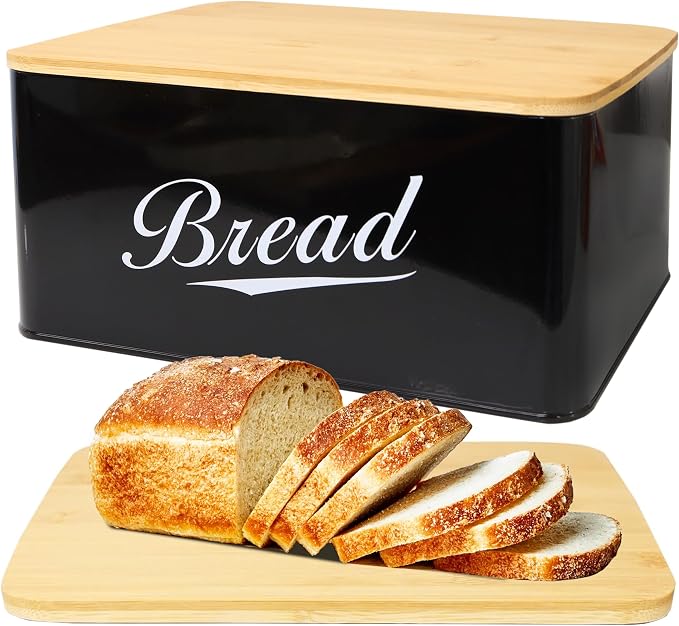 RoyalHouse Modern Metal Bread Box with Bamboo Cutting Board Lid | Bread Storage Container for Kitchen Counter, Vintage Kitchen Decor Organizer - Black