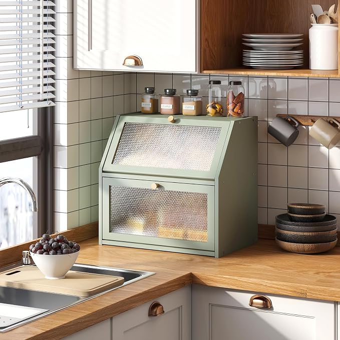 STDDRE Bread Box for Kitchen Countertop Bin Double Layer Bread Box Storage Container Extra Large Capacity Farmhouse with Diamond Pattern Windows (Green, Extra Large)