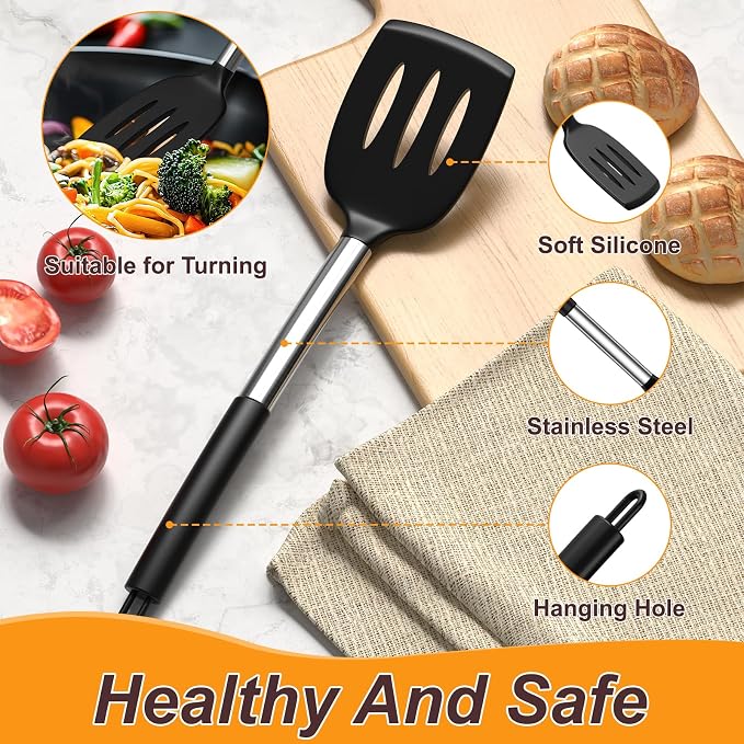 Yoehka Silicone Cooking Utensils Set, 4Pcs Spatula and Spoon Set, Black | For Non-stick Cookware, Heat Resistant 446°F (232°C), Stainless Steel Handle, Food Grade