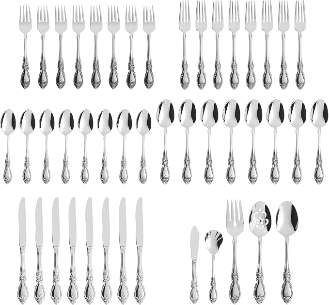 Oneida Louisiana 45-Piece 18/8 Silverware Set for 8, Flatware | mirror finish, dishwasher safe | includes serving spoons and utensil set | cutlery set, wedding silverware