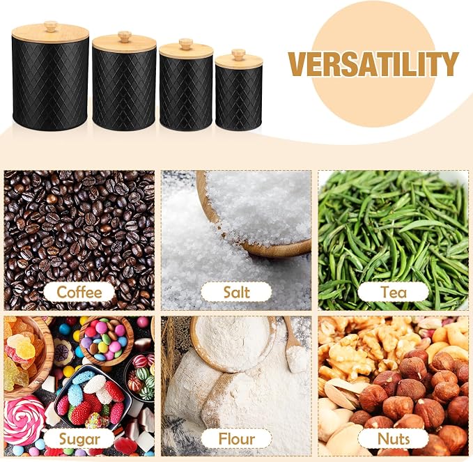 Reallnaive 4 Pcs Black Metal Coffee Canister Set with Bamboo Lid,4 Sizes | Airtight Container for Tea Sugar Flour, Diamond Textured Farmhouse Kitchen decoration, Countertop Organizer with Labels Spoon