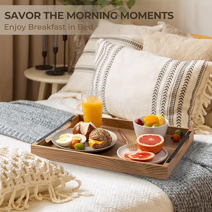 Wooden Serving Tray with Metal Handles|Ottoman Tray for Breakfast, Bed, Couch|17x13in Ash Wood Coffee Table Trays|Food Drinks Decorative Storage Boards for Ottoman Kitchen, Natural