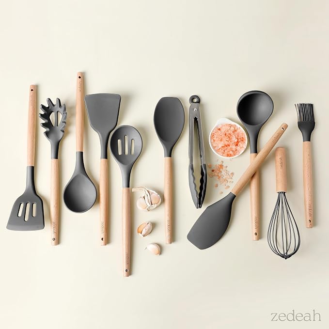11-Piece Silicone Kitchen Utensils Set with Non Toxic Spatula, Tongs, Whisk, Turner & Ladle – Heat Resistant, Non-Scratch Cooking Tools with Wooden Handles, BPA-Free, Dishwasher Safe (Black)
