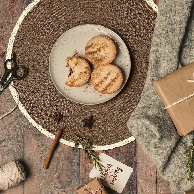 Round Placemats Set of 6, Woven Table Mats, Thin Edge, Coffee Brown | Braided Paper Edge, 15 Inch Diameter, Fits Dinner Plate and Flatware, Wipeable, Heat Resistant, Indoor Dining, Outdoor Patio