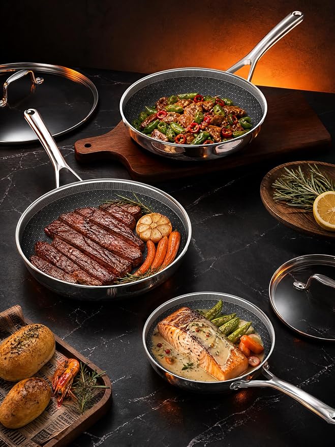 Stainless Steel Non Stick Frying Pan Set With Lid | Stainless Steel, PFAS/PFOA/PTFE-free & non-toxic. Compatible with All Stovetops. Oven & dishwasher safe. Stay cool handle