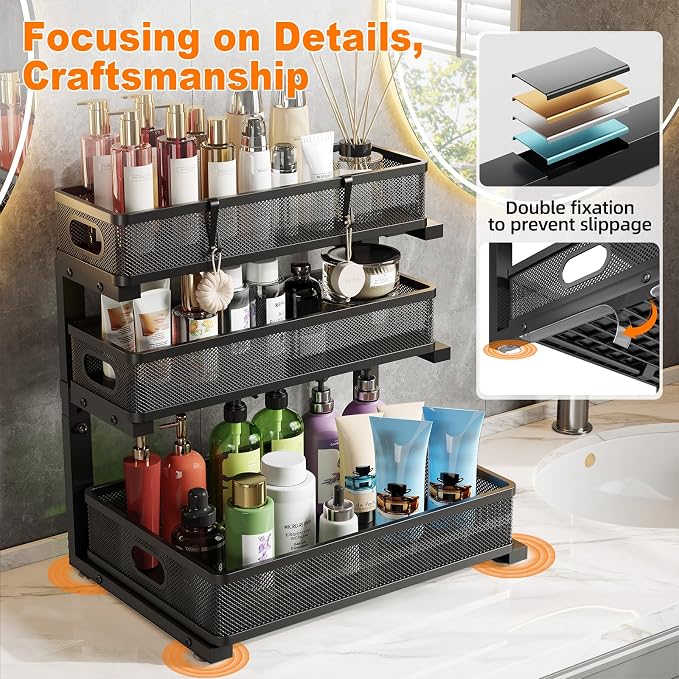 3 Tier Under Sink Organizer,Black Metal Pull Out Kitchen Cabinet Organizers, Slide Out Under Sink Storage Drawers, Undersink Organizer,Bathroom Counter Shelf, Pantry Organization and Storage （2 Pack）