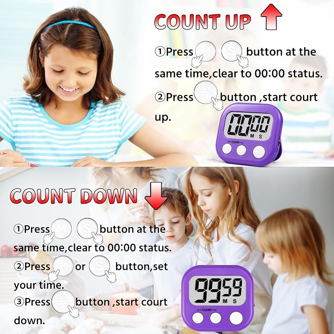 Timer for Kids Digital Kitchen Timers for Cooking- 2 Pack Blue Purple | Countdown Timer for Classroom Study Exercise Teacher Supplies, Strong Magnetic, Loud Alarm, Large Screen, Fast Reset, Memory