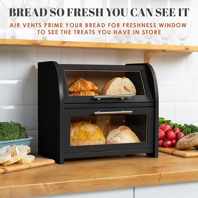 Arise Stylish Bamboo Bread Box for Kitchen Countertop, Extra Large 2-Shelf Wooden Bread Storage Container with Clear Windows and Air Vents Keep Bread, Bagels and Rolls Fresh, Self Assembly | Bread Storage Container with Clear Windows & Air Vents, Bread...