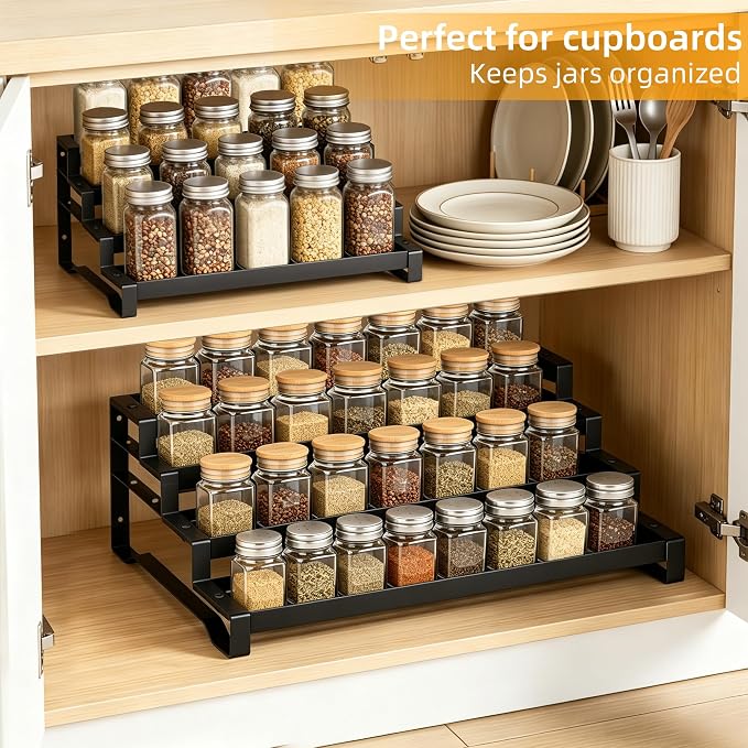 Spice Rack Organizer for Cabinet, 13-21.5" Expandable Spicy Shelf | 11.6" Depth 4-Tier Black Metal Seasoning Organizer, Kitchen Spice Organization, Slip-Resistant Guardrails for Jars and Cans