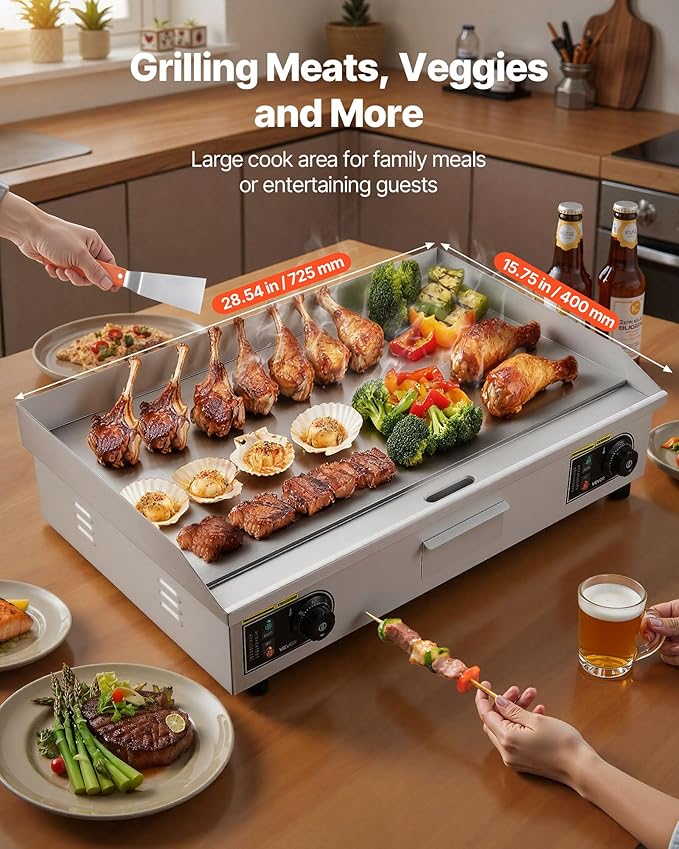 VEVOR Commercial Electric Griddle, 30" No Plug, Countertop Flat Top Griddle, Stainless Steel Teppanyaki Grill w/Iron Cooking Plate, 122-572℉ Adjustable Temp Control, 2 Shovels & Brushes