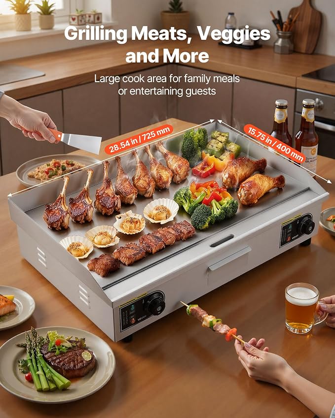 VEVOR Commercial Electric Griddle, 28.54 x 15.75 in, 4400W, 122-570°F Adjustable Temp Control, Stainless Steel Countertop Full Flat Top Grill with 2 Spatulas, 2 Brushes, for Steak, Pancake(NO PLUG)