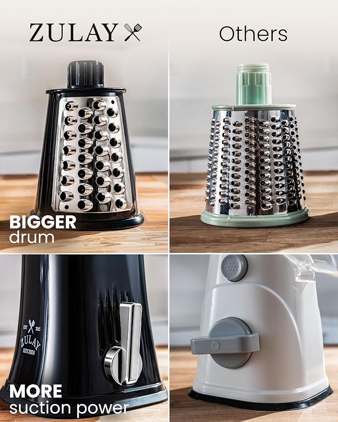 Zulay Kitchen Rotary Cheese Grater 5 Blade Cheese Shredder - Manual Hand Crank Cheese Grater With Reinforced Suction & 5 Interchangeable Drums - Easy to Use, Vegetable Chopper Round Mandoline Slicer