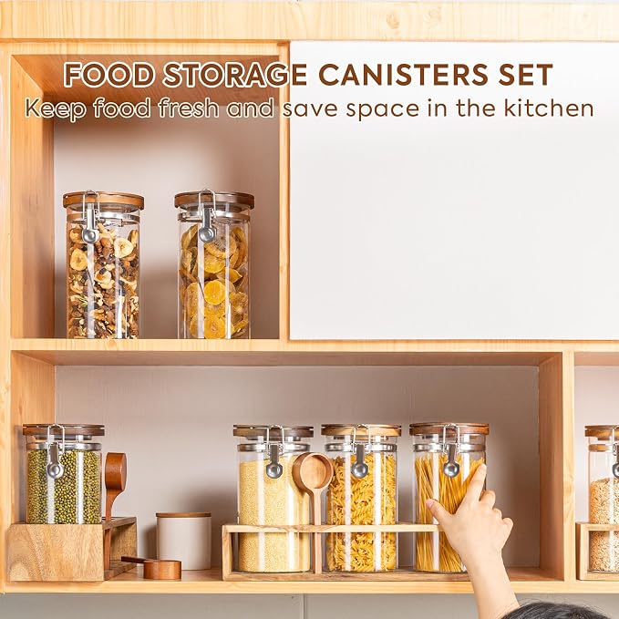 Coffee Canister with Shelf: 3P 45OZ Glass Airtight Coffee Holder | Large Capacity Coffee Container w/Acacia Scoop - Kitchen Food Storage Jar for Ground Coffee/Tea/Sugar/Cereal/Nuts/Coffee Bar