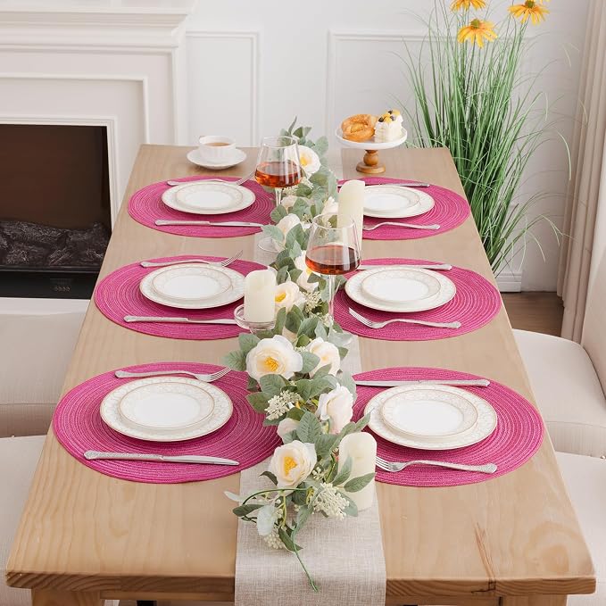 SHACOS Round Braided Placemats Set of 6 Cotton Polyester Woven Place Mats 15 inch Washable Table Mats for Kitchen Dining Tables (Hot Pink, 6)