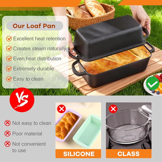 GRMImosa Cast Iron Loaf Pan 11x5 Inch with Lid, 5.8 Qt Bread Pan, Black | Heavy-duty Large Cast Iron Loaf Pan with Lid for Sourdough Bread, 5.8 Qt Pre-Seasoned Baking Pan, Even Heat Distribution
