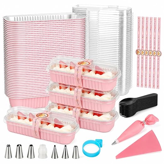 YQER 100 Pack Pink Mini Cake Pans with Lids and Spoons, 6.8oz Disposable Aluminum Foil Mini Loaf Pans Cake Tins with Stickers and Reusable Decorating Set for Small Cakes, Baby Shower, Gift and Parties