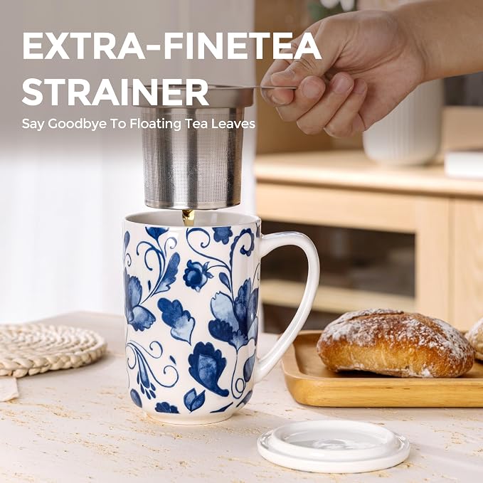 GBhome Tea Mug with Infuser and Lid,18 Ounce Ceramic Loose Leaf Cup Steeper | Lead-Free Glaze For Tea Lovers,Microwave & Dishwasher Safe with Tea Strainer