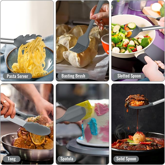 E-far 14 Pieces Silicone Cooking Utensils Set, Kitchen Utensils Set with Holder, Spatula, Ladle, Spoon, Tong, Slotted Turner for Nonstick Cookware, 446°F Heat Resistant & Stainless Steel Handle, Gray