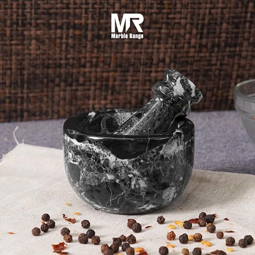 Marble Mortar and Pestle Set Black 3" Inches Handmade Garlic Crusher & Grinder Bowl, Mini Mortar and Pestle for Kitchen - Herb Grinder Spice Grinder