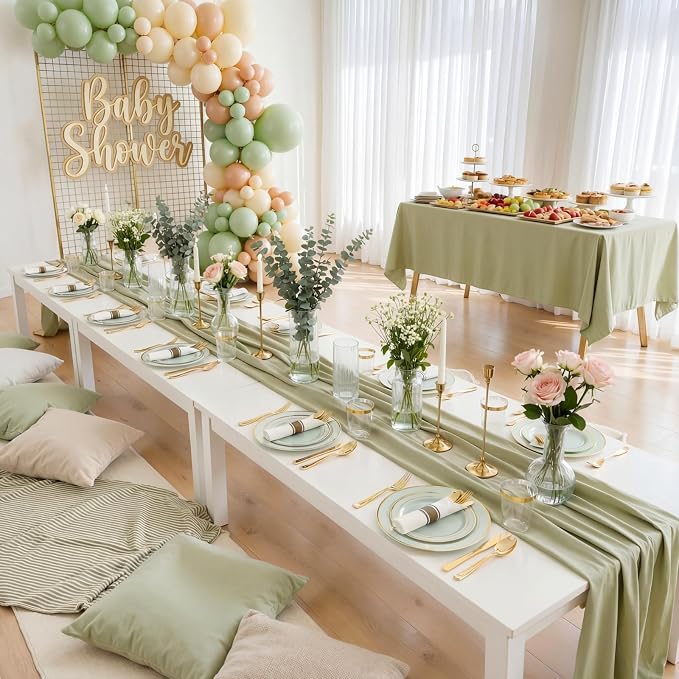 175PCS Sage Green Plastic Plates - Heavy Duty Green Plates Disposable - 25Guests Plastic Dinnerware with Rolled Napkins for Birthday/Baby Shower