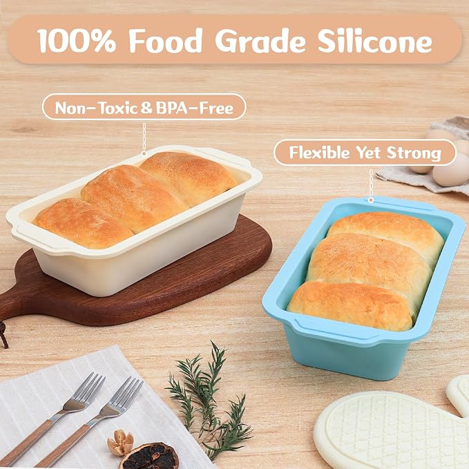 Nonstick Silicone Bread Loaf Pan: 9.5 x 5 Inch Bread Pan for Homemade Rye | with Metal Frame - Loaf Mold for Baking Oven - Housewife Baker Home Baking Enthusiasts (Beige & Mint Green) Toeusog