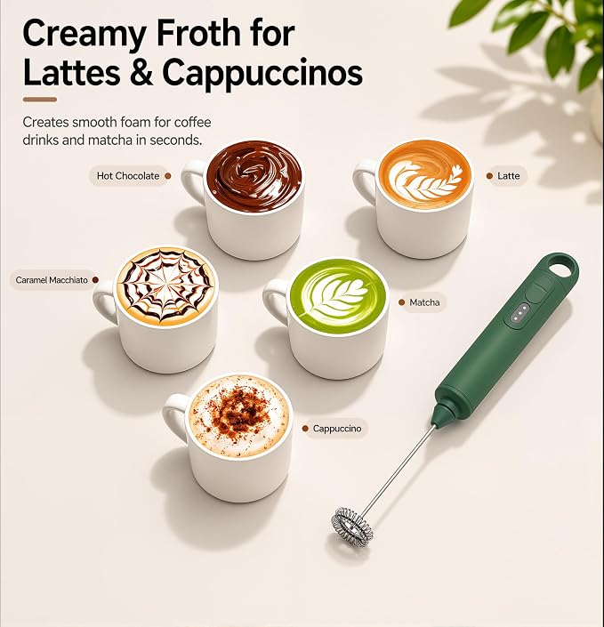 Rechargeable Milk Frother Handheld 3 Speed Coffee Foamer [3 Whisk] Electric Drink Mixer for Latte, Cappuccino, Coffee, Eggs, Hot Chocolate,Grass Green
