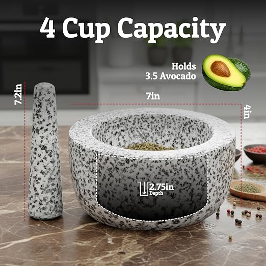 Heavy Duty Large 4 Cup Mortar and Pestle Set, 100% Natural Granite, 7 Inch Diameter Bowl, 7.2 Inch Pestle, Non-Slip Base, Stone Grinder for Guacamole Salsa Pesto Herbs Spices, Grey