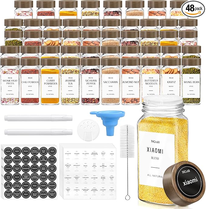 ZEHIQ 48Pcs 4oz Square Glass Spice Jars with Labels and Acacia Wood Lids | Food-Grade Seasoning Containers, Moisture-Proof, Shaker Lids, 348 Labels, Markers, Funnel, Brush, for Cabinet Drawer