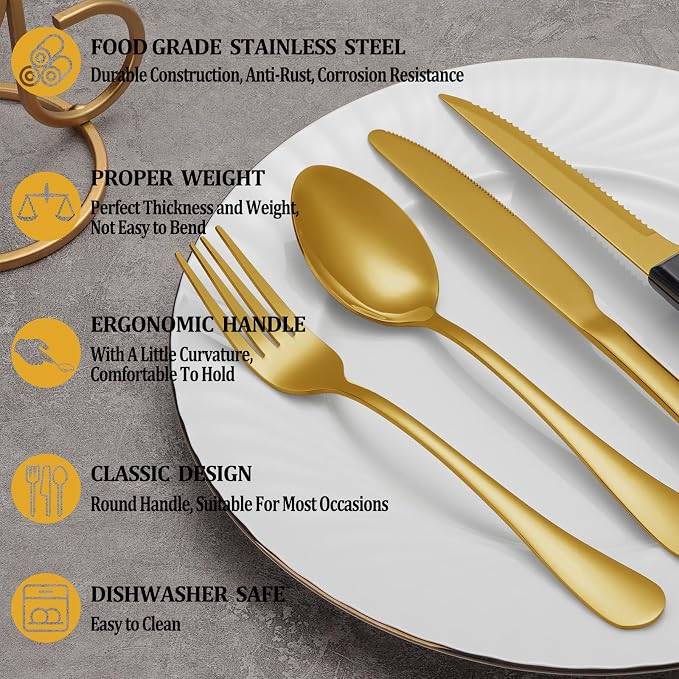 36 Pcs Gold Silverware Set with Steak Knives, Stainless Steel Flatware Cutlery Set for 6, Kitchen Tableware Sets, Utensil Sets for Home and Restaurant, Dishwasher Safe