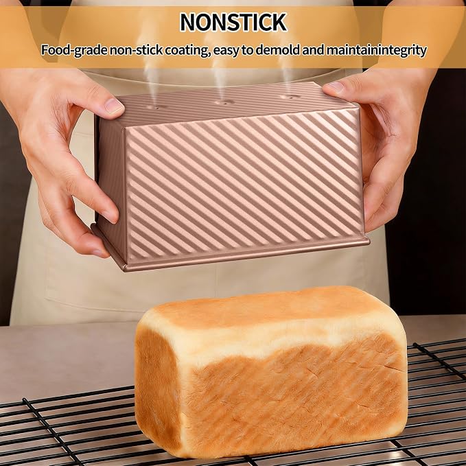 3 Pack Pullman Loaf Pan with Lids, Non-Stick Bread Loaf Pan, Heavy Duty Carbon Steel Corrugated Toast Box for Baking, Square Bread Pans for Homemade Sandwich, Bakeware (Rose Gold)