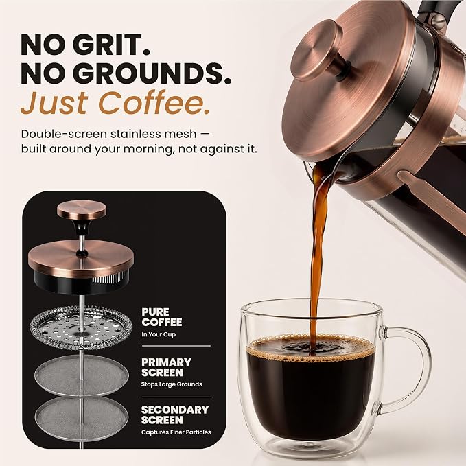 EzDtach Glass French Press Coffee Maker 34oz Copper – Double Filter | Borosilicate Glass Pot, 304 Stainless Steel Coffee Press & 2 Extra Screens, Easy to Use & Clean Design for Full-Bodied Flavor
