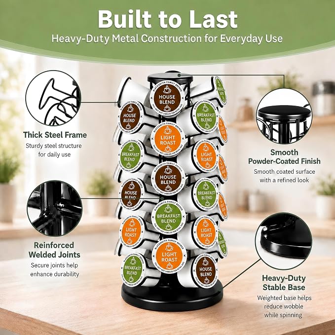 Coffee Pod Holder for 40 Pods, K Cup Holder Organizer with Weighted Base | Heavy-Duty Steel,Smooth & Quiet 360°Rotation,Easy Access,No Assembly Required,Space-Saving for Coffee Stations & Countertops