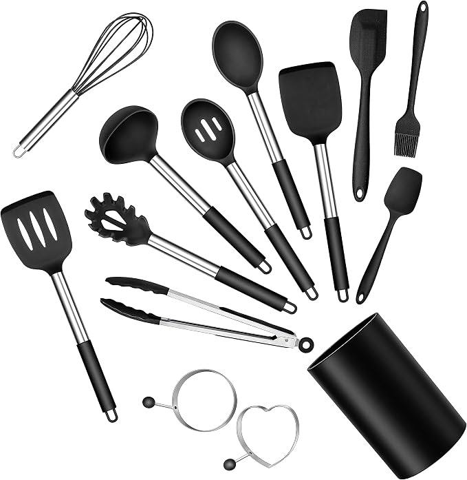 E-far Kitchen Utensils Set, 14-Piece Black Silicone Cooking Utensils Set | Heat Resistant, Kitchen Tools Spatulas with Stainless Steel Handle, Non-stick Cookware with Holder, Dishwasher safe