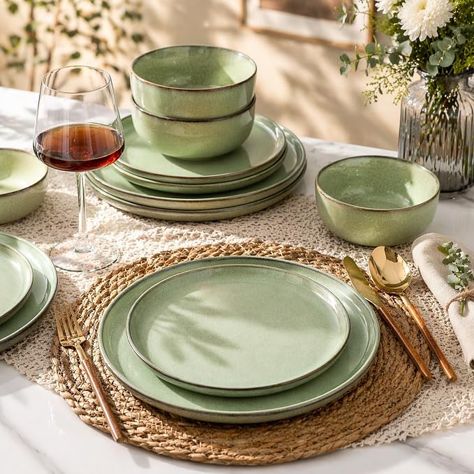 GBHOME Dinnerware Sets for 6, 24 Pieces Ceramic Plates and Bowls Set | Scratch Resistant Stoneware Dishes Set, Dishwasher & Microwave Safe, Reactive Glaze-Pastel Green