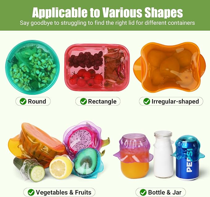 Silicone Stretch Lids for Food Storage in Fridge, Reusable Elastic Bowl Covers for Cup, Cans, Jars, Round & Rectangle Container, Food Grade Silicone Microwave Food Cover, 12 PCS, Multicolor