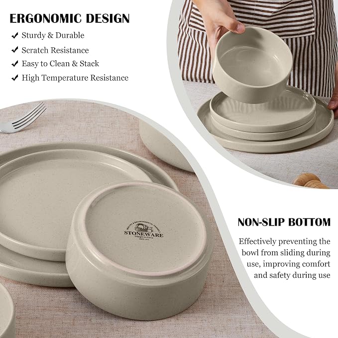 E-far Dinnerware Sets for 8, 24-Piece Stoneware Plates and Bowls Set, Khaki | Modern Kitchen Dining Dishware, Chip and Scratch Resistant, Microwave & Dishwasher Safe, Speckled Khaki