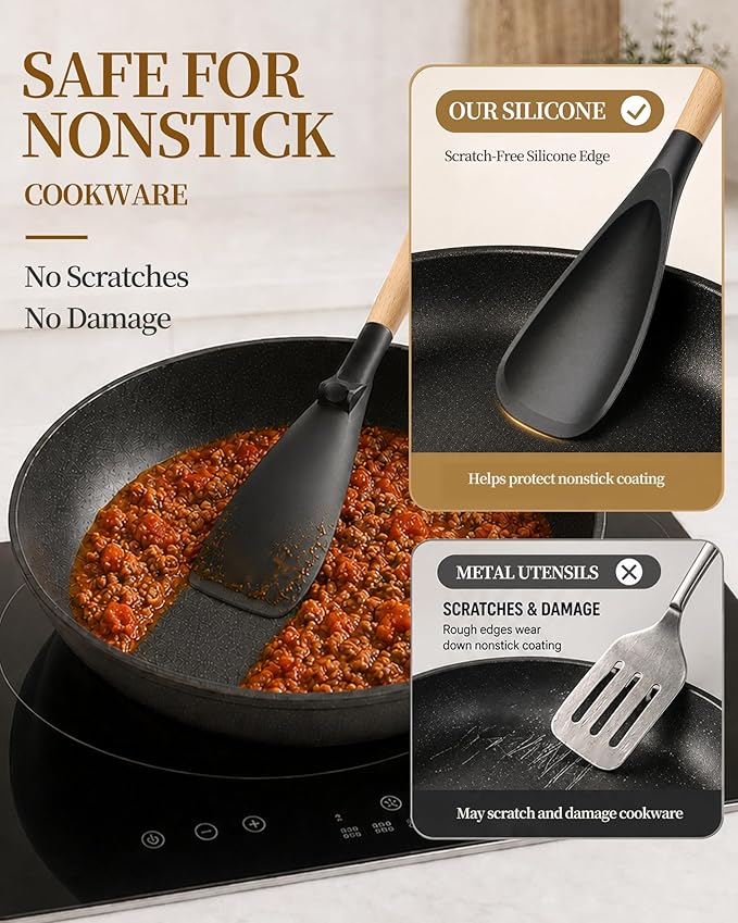 Astercook Cooking Spoon, 2 Pack, Nonstick Safe Silicone Spatula | Long Wooden Handles, Heat Resistant, BPA-Free, Built-in Spoon Rest, Spatula Spoon For Stirring, Scooping, Scraping & Serving