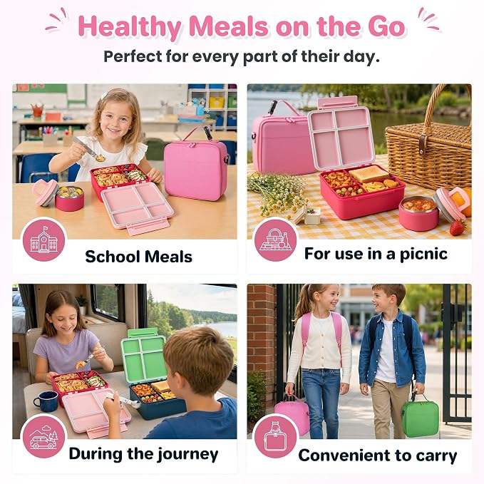 Bento Lunch Box with 8oz Soup Thermo,Kids Leakproof 4 Compartment Lunch Food Containers with Sauce Cup and Ice Pack,Kids Thermo Insulated Hot Food Jar and Lunch Bag for School,Trvael-Pink