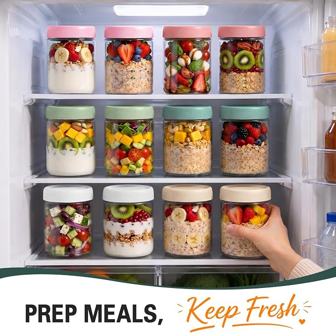 Mason Jars 16 oz with Lids, Glass Jars with Airtight Lid, Wide Mouth Jar | 6 Pack Yogurt Containers, Glass Food Containers with Airtight Lids for Storage, Yogurt Bowls, Meal Prep, Chia Pudding, Nut