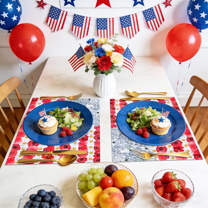 50 Pack Disposable Paper Placemats, Flower Patriotic Table Mats | Red White Blue Watercolor 4th of July Memorial Day