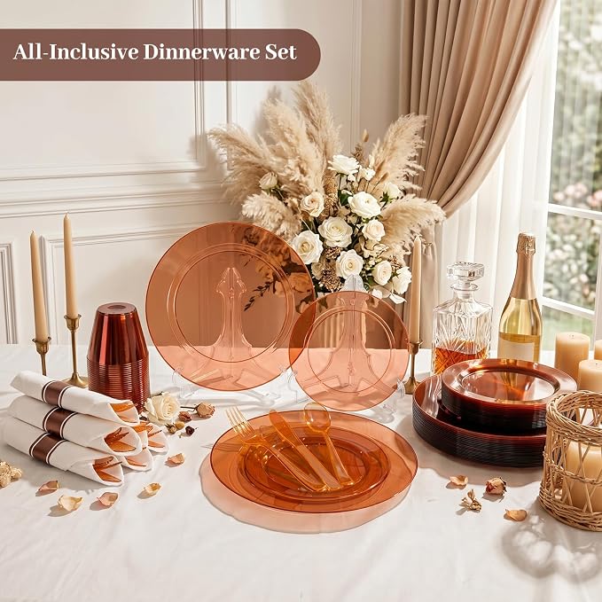 DaYammi 210PCS Clear Amber Plastic Dinnerware Set for 30 Guests, Fancy Disposable Plates for Party, Include: 30 Dinner Plates, 30 Dessert Plates, 30 Pre Rolled Napkins with Silverware, 30 Cups