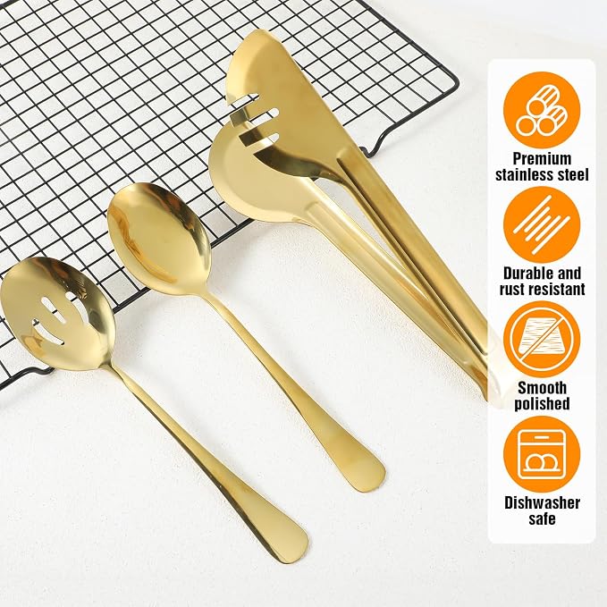 12PCS Gold Stainless Steel Serving Utensils, Large Serving Spoons,Slotted Spoons Servings Tongs Appetizer Tongs for Buffet Catering Banquet Party (Gold)