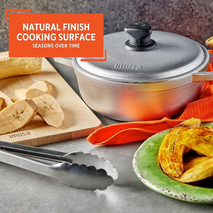 IMUSA 2 Qt Cast Aluminum Caldero Dutch Oven | Natural Finish, Riveted Handles with Aluminum Lid, Ideal for Rice, Soups, And Stews, Perfect for Serving Small Groups