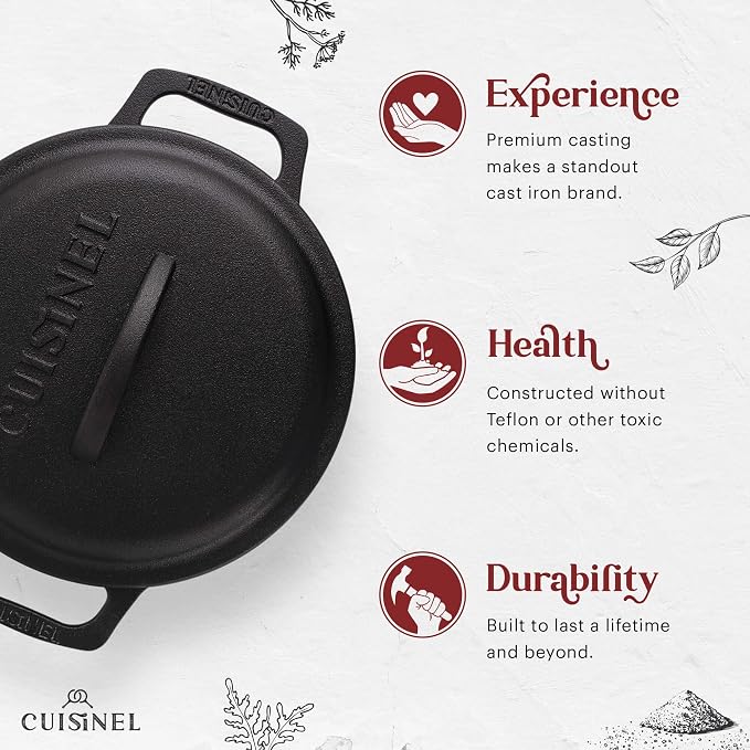 Cuisinel Cast Iron Dutch Oven - 3-Quart Deep Pot + Lid + Pan Scraper + Handle Covers - Large Pre-Seasoned Cooker for Baking Bread, Soup, Frying - Indoor/Outdoor - BBQ Cookware. PFAS and PFOA-free